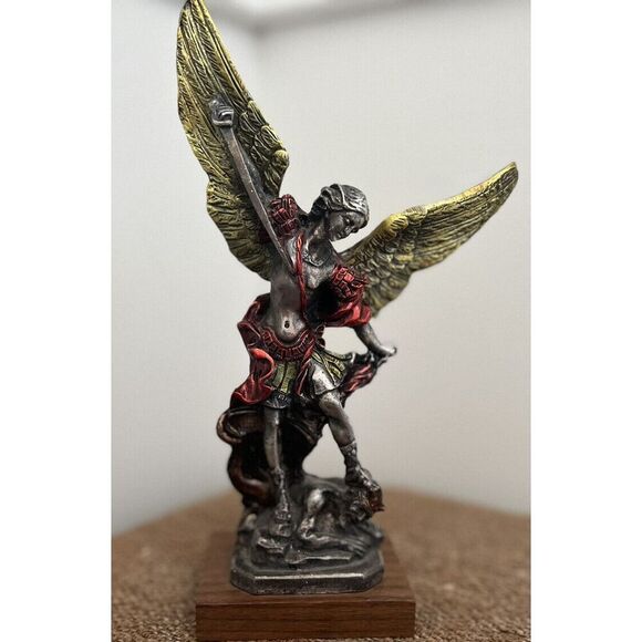The Christian World Pewter & Enamel St. Michael Archangel Statue on Wood Base - Picture 1 of 7